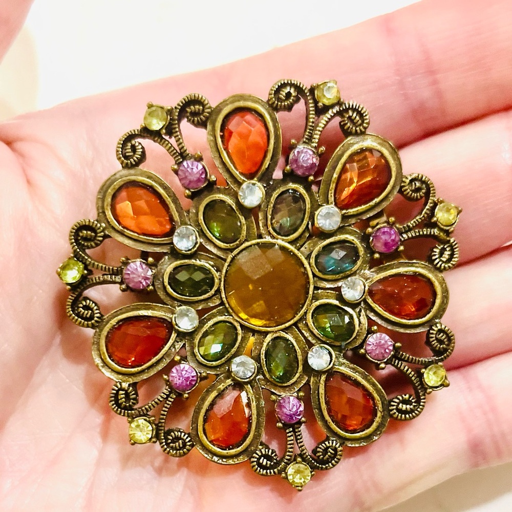 Vintage jeweled brooch, amber green & amethyst glass, 1960s filigree-style